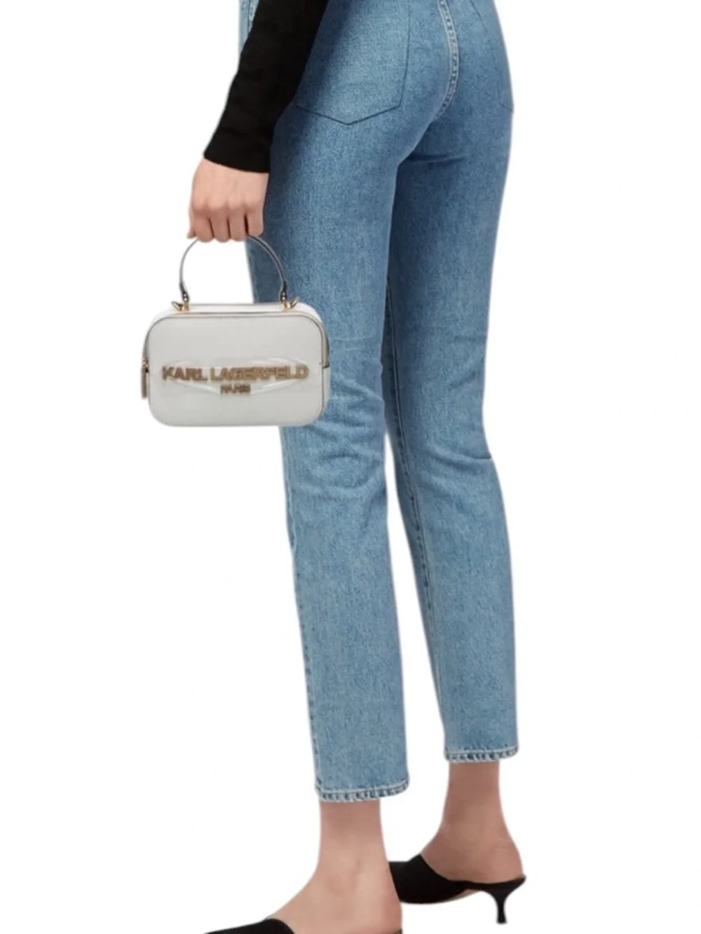 NWT Karl Lagerfeld Paris SIMONE CAMERA Crossbody Bag Logo Strap White with Gold